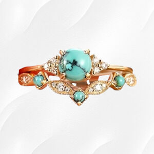 Turquoise Golden Boho Inlaid Round Rhinestones Fashion Stackable Rings Size 7